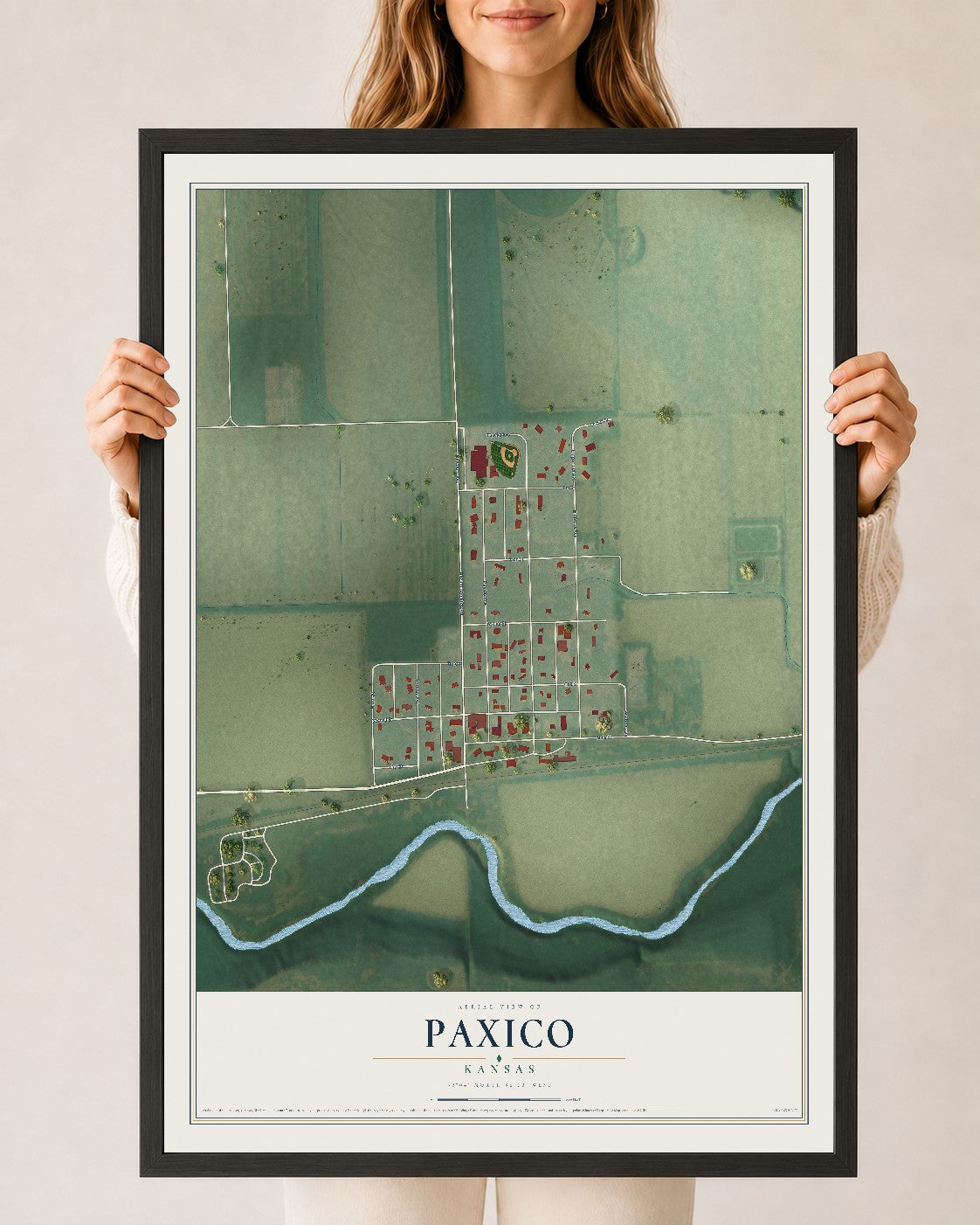 Map of Paxico, Kansas, 24 x 36 inch print in a black wood frame