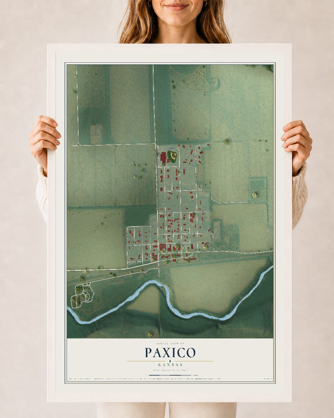 Map of Paxico, Kansas, 24 x 36 inch print in a white wood frame