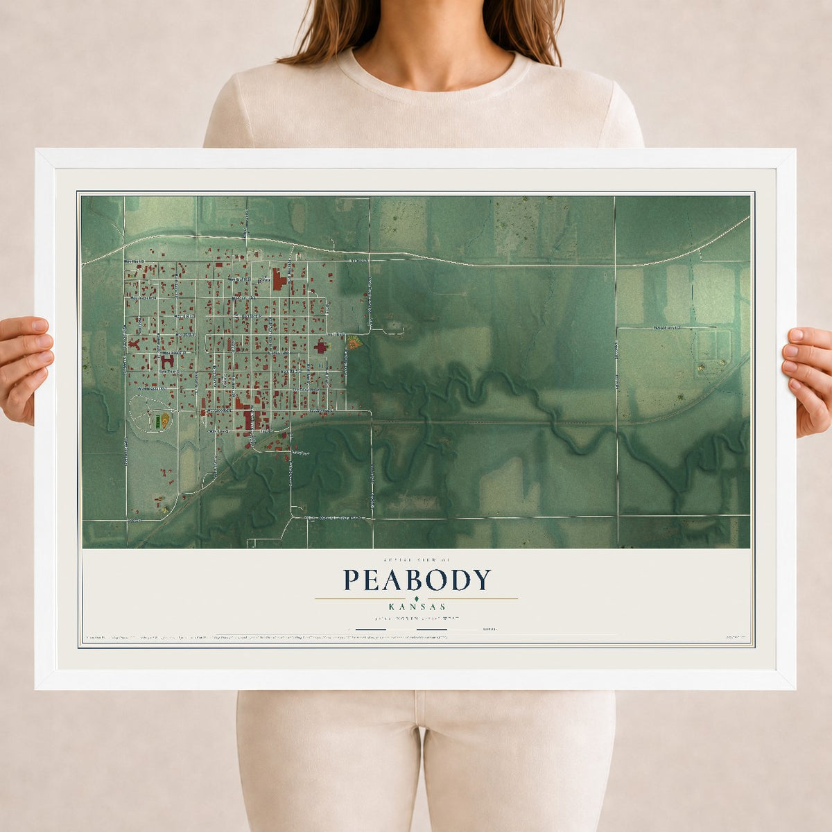 Map of Peabody, Kansas, 18 x 24 inch print in a white wood frame
