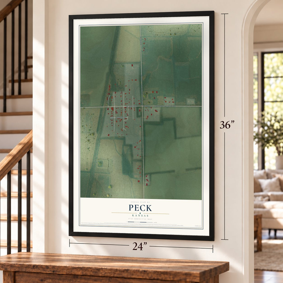 Peck, Kansas map, 24 x 36 inch print in a black frame by a staircase