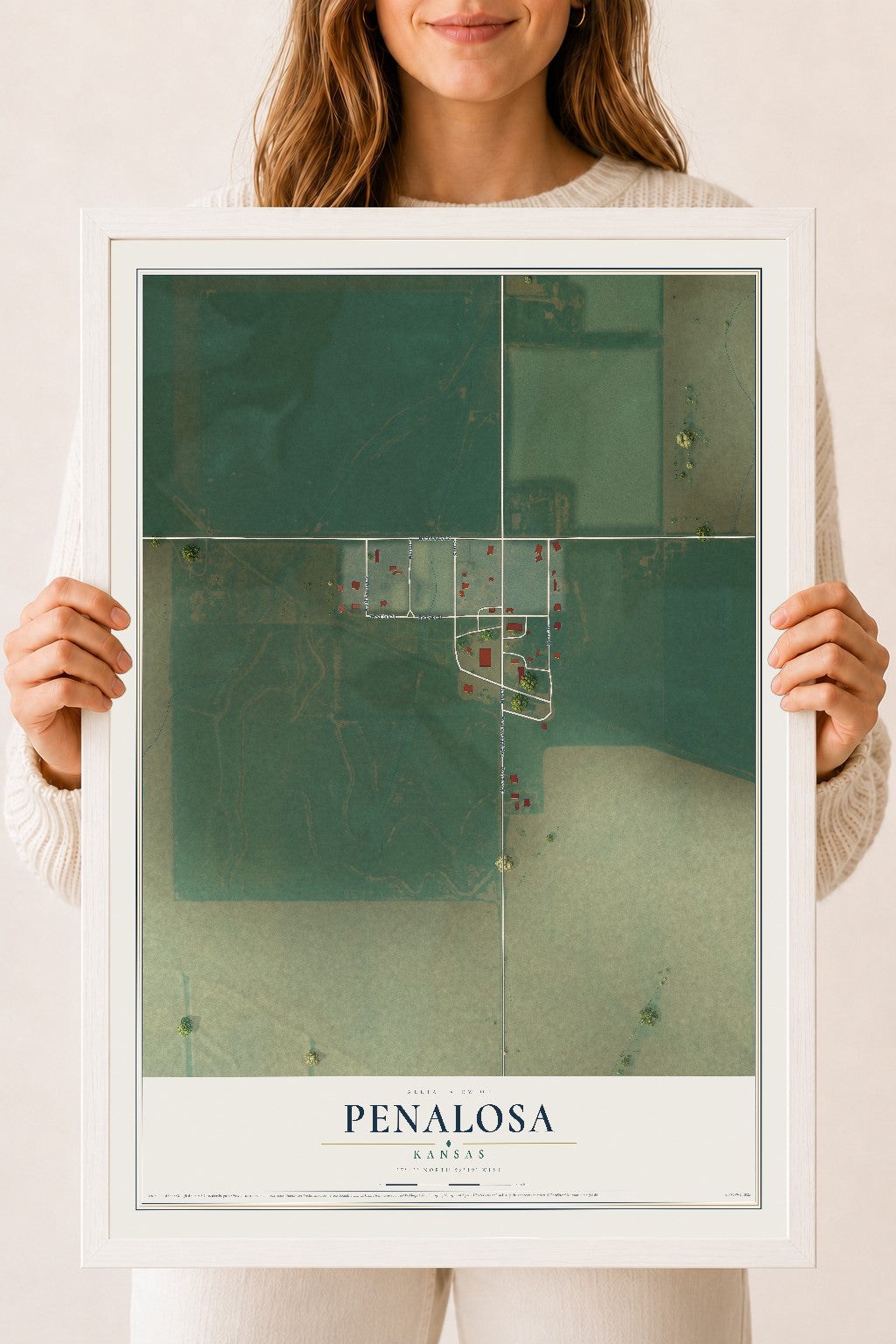 Map of Penalosa, Kansas, 18 x 24 inch print in a white wood frame