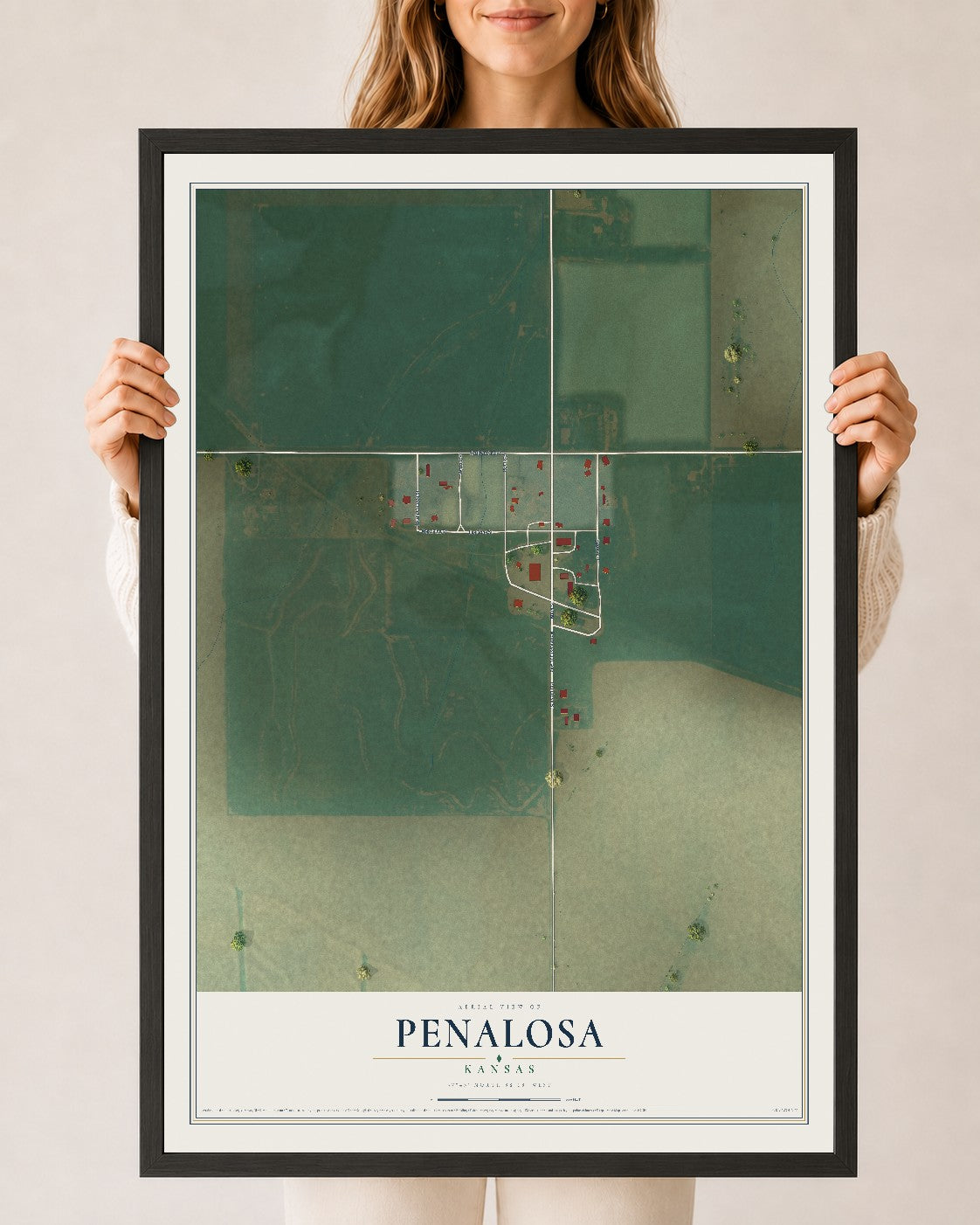Map of Penalosa, Kansas, 24 x 36 inch print in a black wood frame