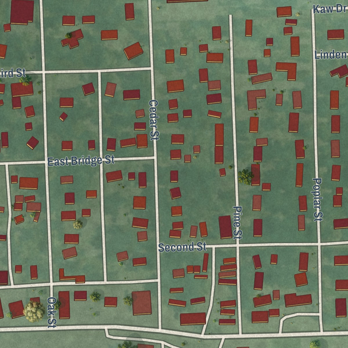 Close-up of the map of Perry, Kansas print showing street and building detail