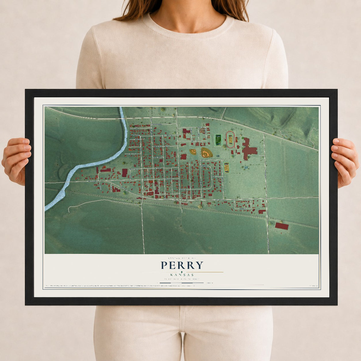 Map of Perry, Kansas, 12 x 18 inch print in a black wood frame