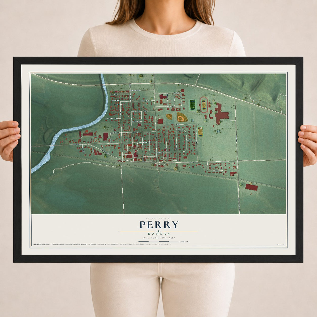 Map of Perry, Kansas, 18 x 24 inch print in a black wood frame