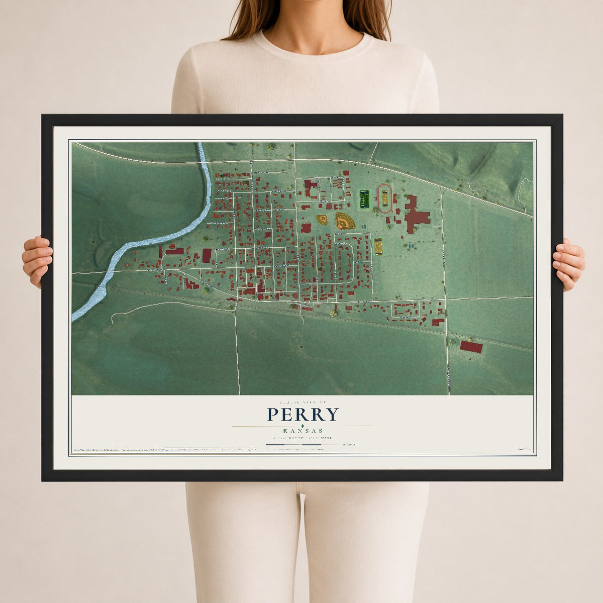 Map of Perry, Kansas, 24 x 36 inch print in a black wood frame