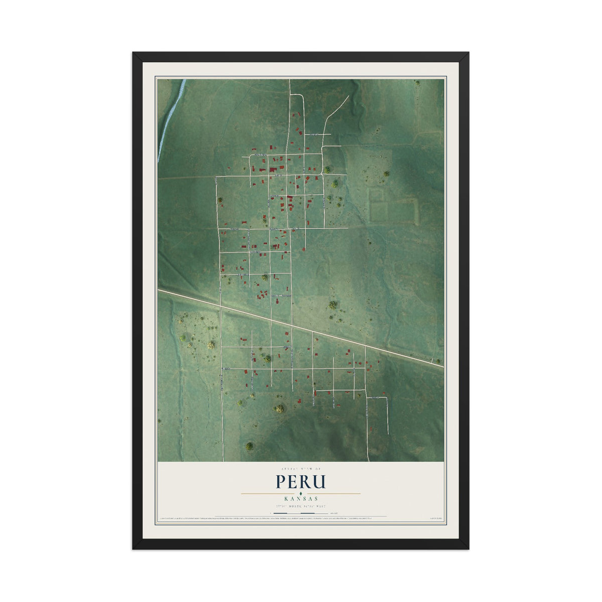 Map of Peru, Kansas, 12 x 18 inch print in a black wood frame