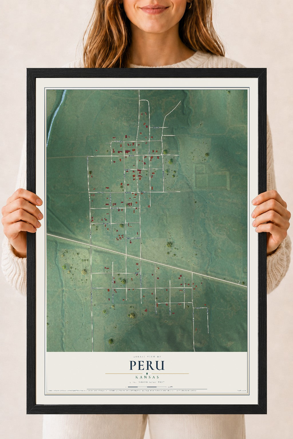 Map of Peru, Kansas, 18 x 24 inch print in a black wood frame