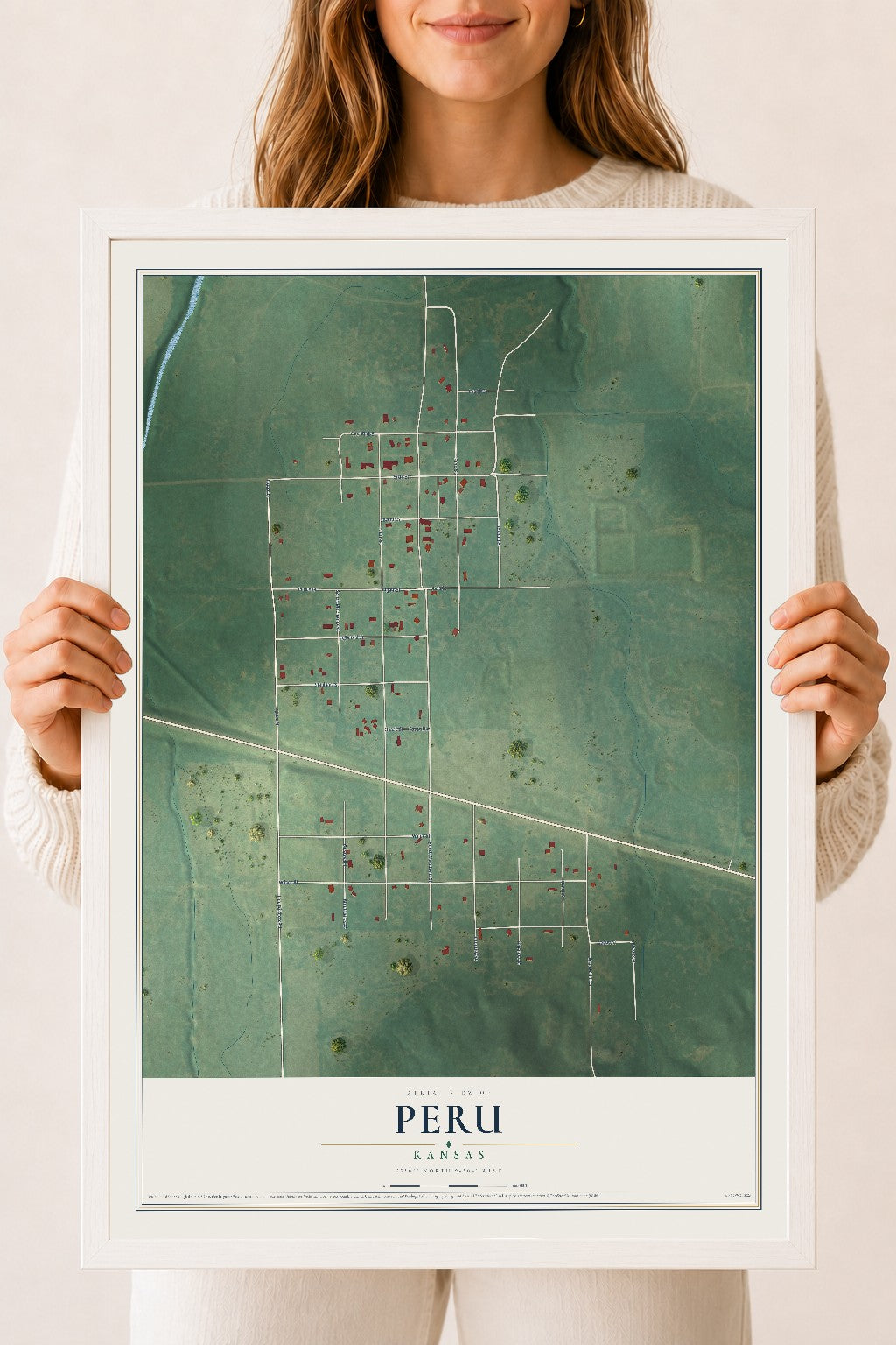 Map of Peru, Kansas, 18 x 24 inch print in a white wood frame