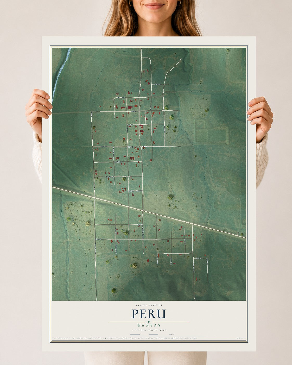 Map of Peru, Kansas, 24 x 36 inch unframed archival matte print