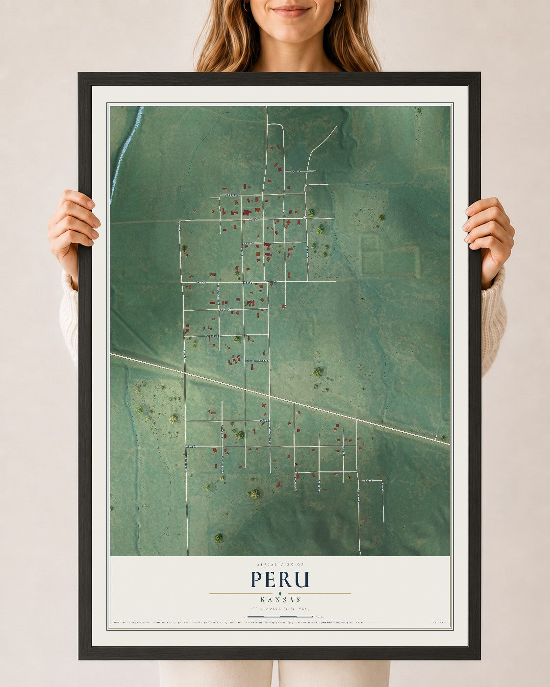 Map of Peru, Kansas, 24 x 36 inch print in a black wood frame