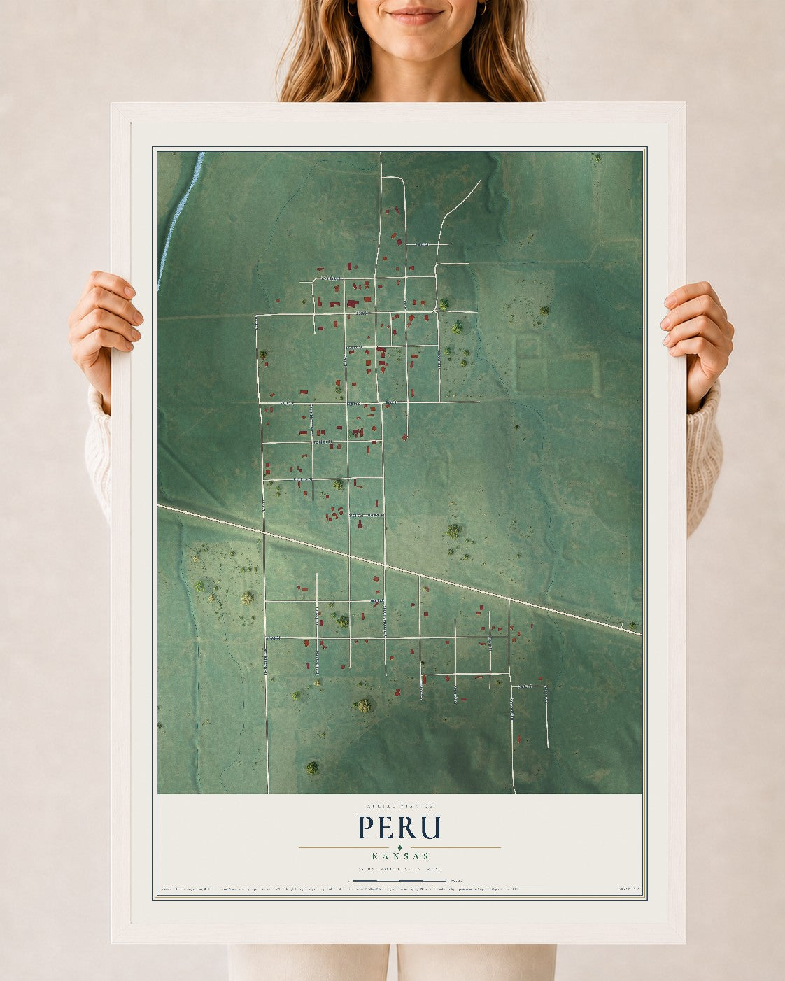 Map of Peru, Kansas, 24 x 36 inch print in a white wood frame