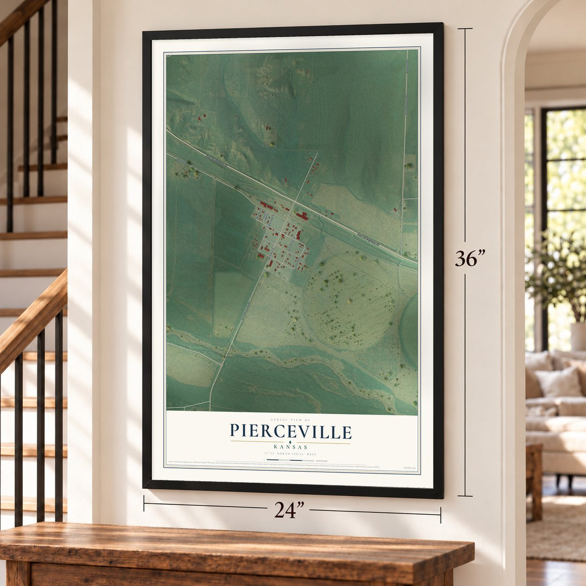 Pierceville, Kansas map, 24 x 36 inch print in a black frame by a staircase