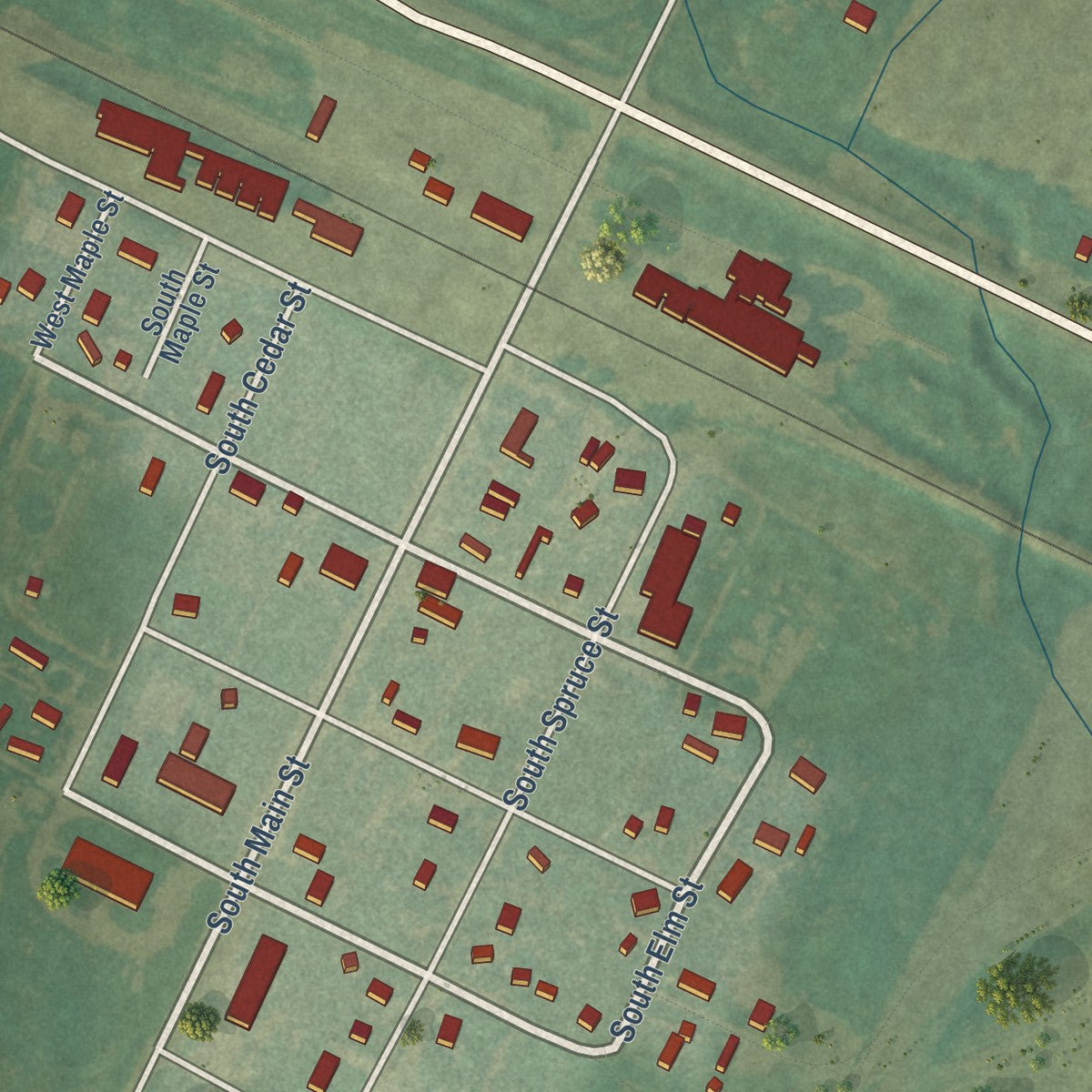Close-up of the map of Pierceville, Kansas print showing street and building detail