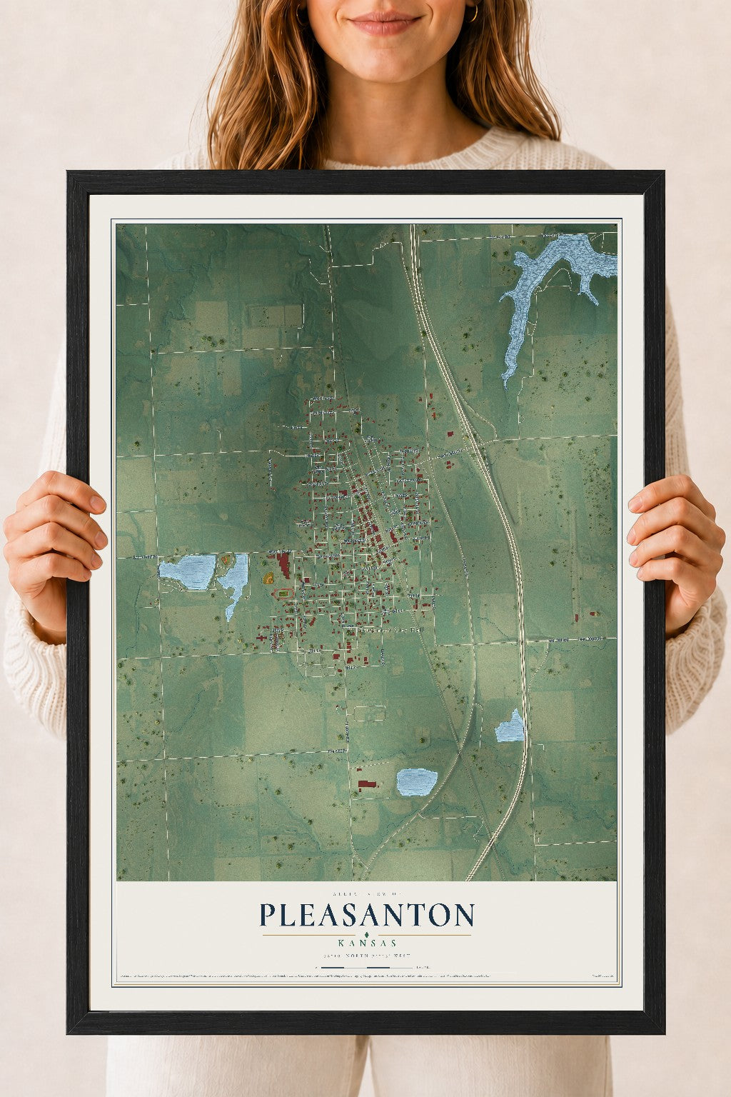 Map of Pleasanton, Kansas, 18 x 24 inch print in a black wood frame