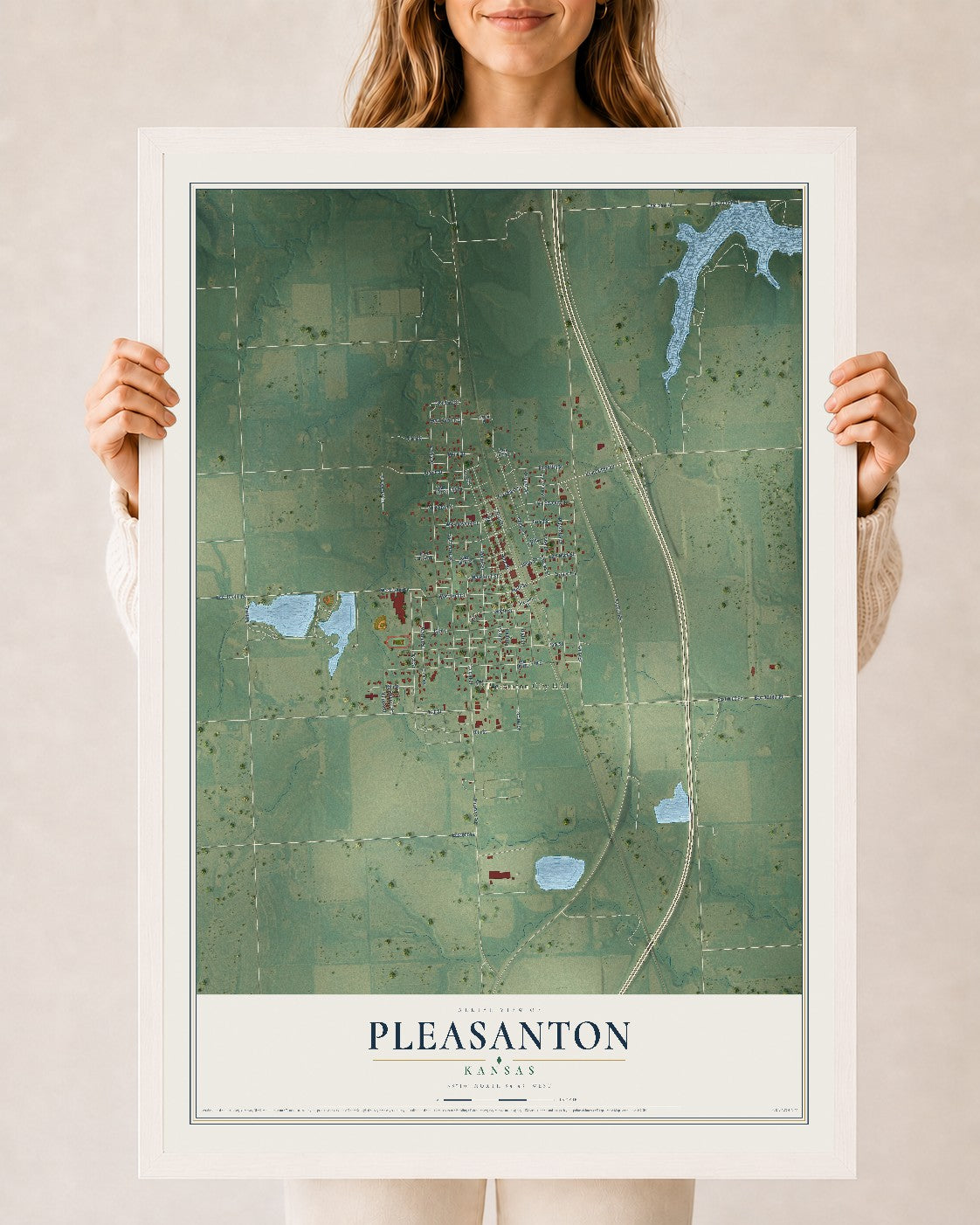 Map of Pleasanton, Kansas, 24 x 36 inch print in a white wood frame