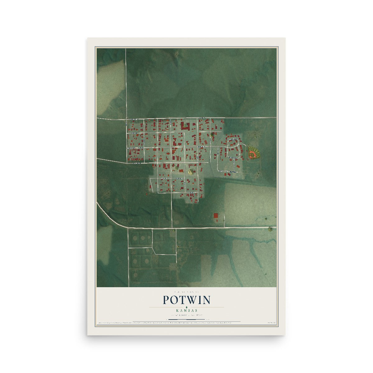 Map of Potwin, Kansas, 12 x 18 inch unframed archival matte print
