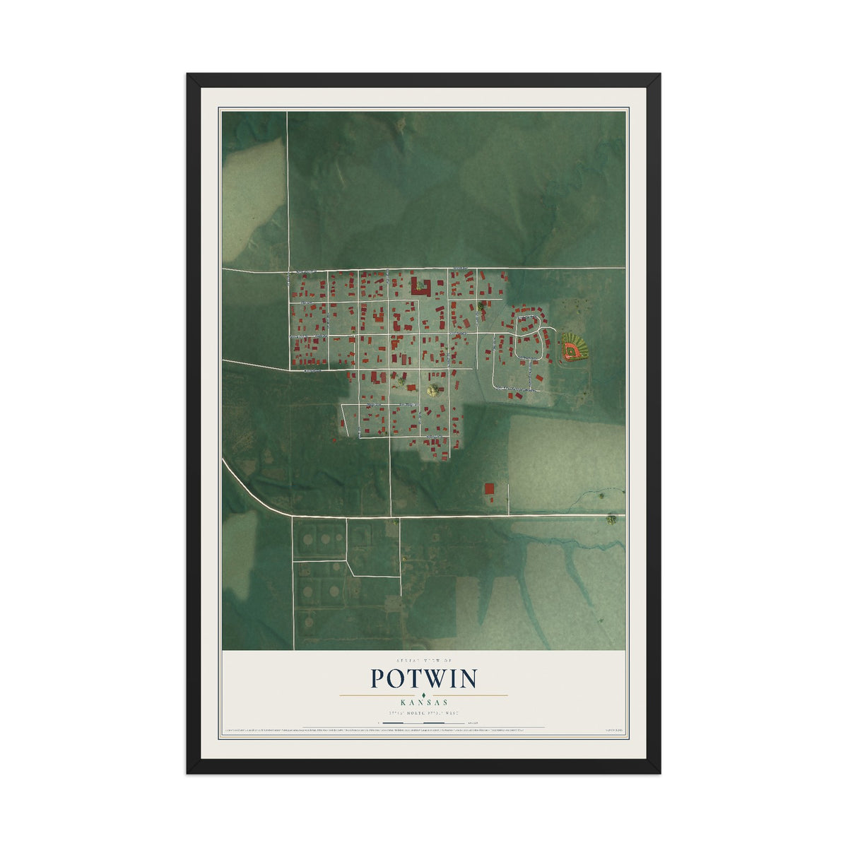 Map of Potwin, Kansas, 12 x 18 inch print in a black wood frame