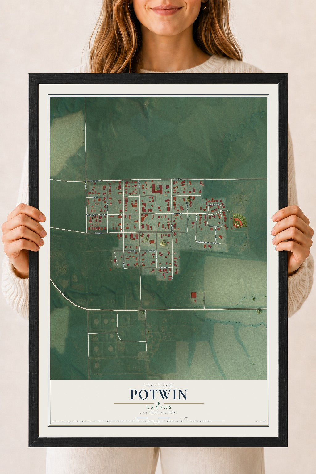 Map of Potwin, Kansas, 18 x 24 inch print in a black wood frame