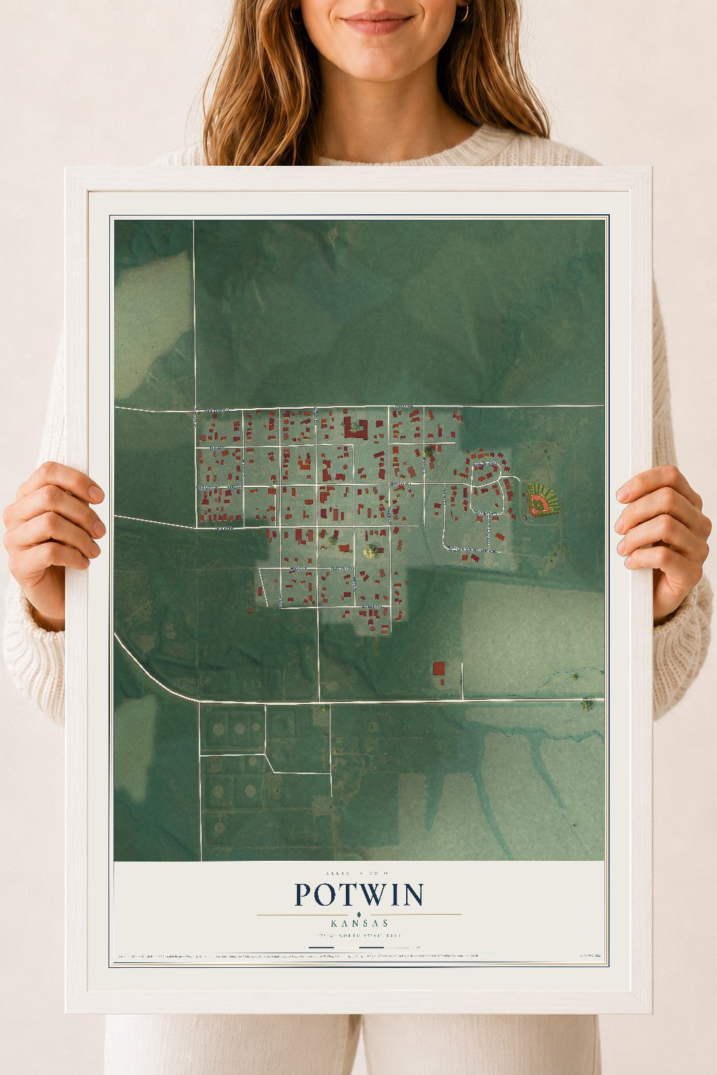 Map of Potwin, Kansas, 18 x 24 inch print in a white wood frame