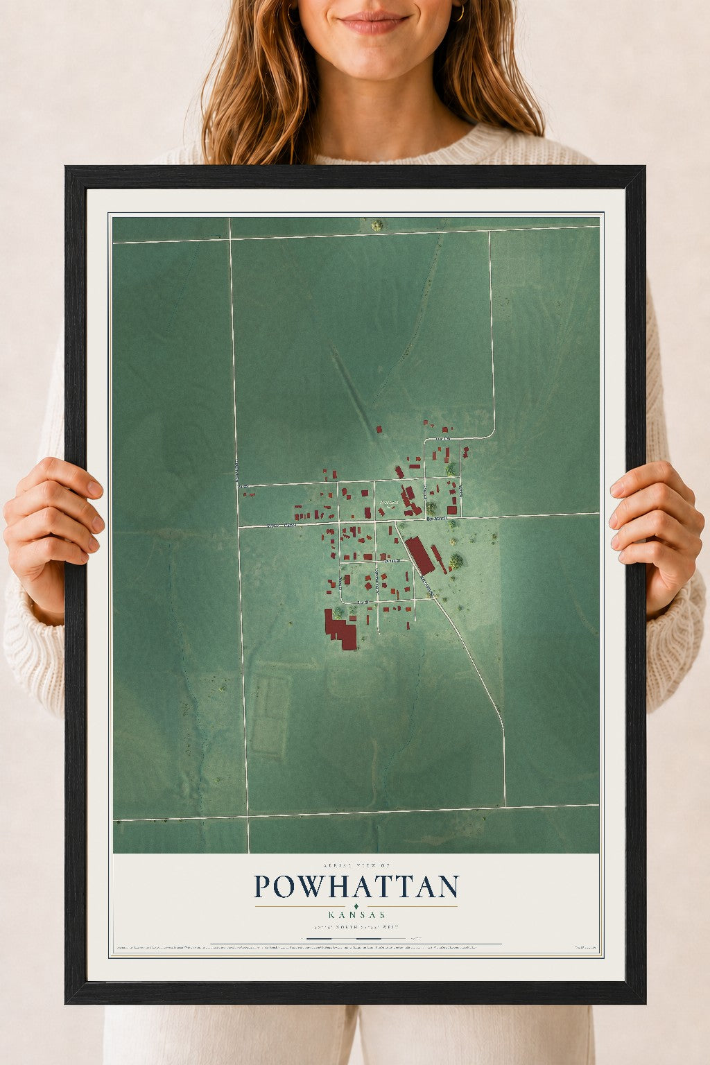 Map of Powhattan, Kansas, 18 x 24 inch print in a black wood frame
