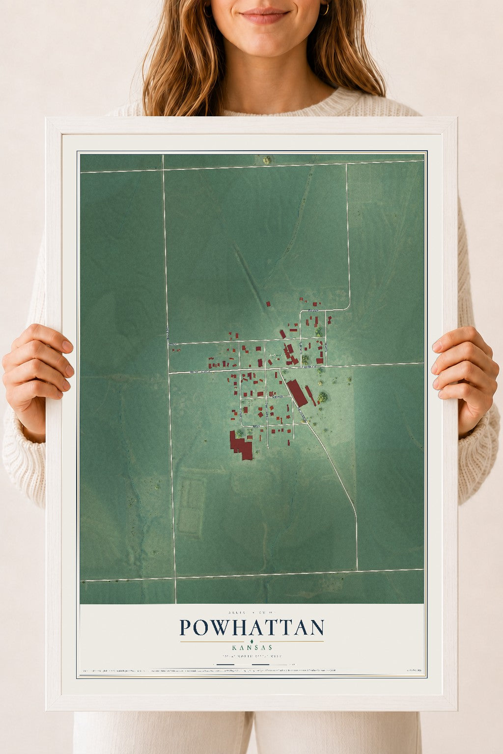 Map of Powhattan, Kansas, 18 x 24 inch print in a white wood frame
