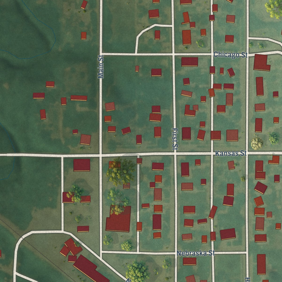 Close-up of the map of Prairie View, Kansas print showing street and building detail