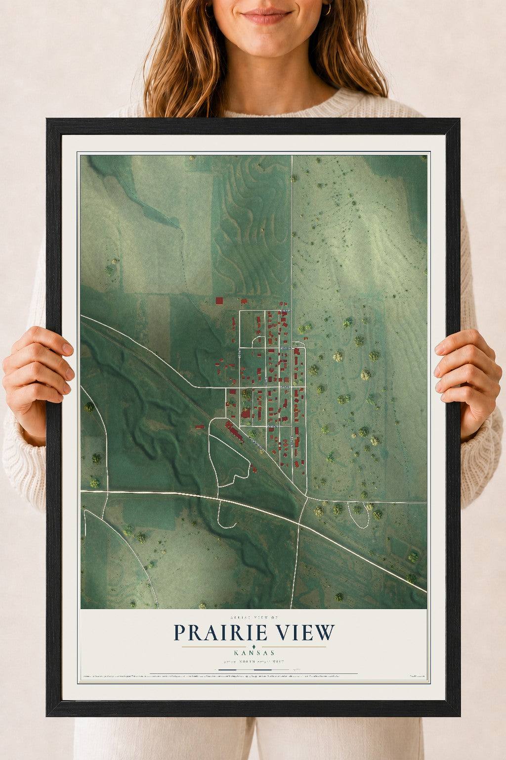 Map of Prairie View, Kansas, 18 x 24 inch print in a black wood frame
