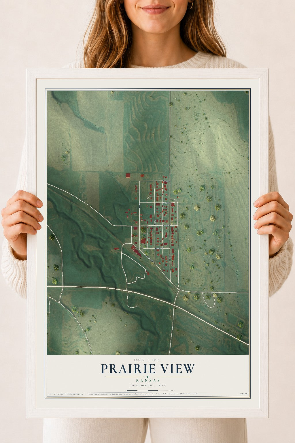 Map of Prairie View, Kansas, 18 x 24 inch print in a white wood frame