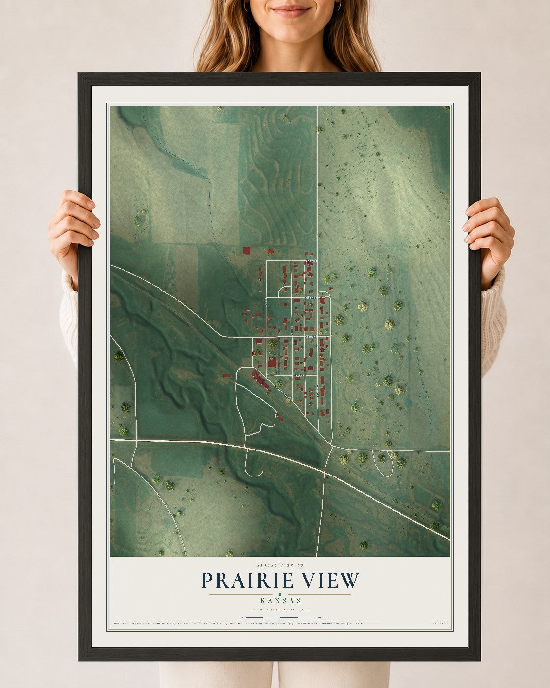 Map of Prairie View, Kansas, 24 x 36 inch print in a black wood frame