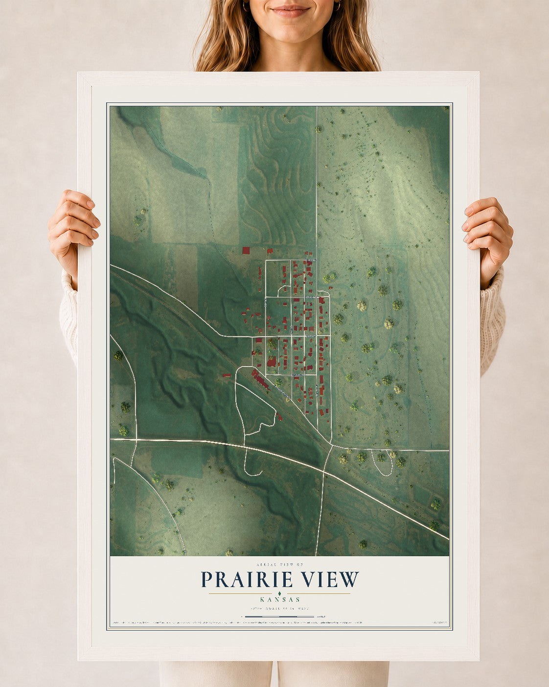 Map of Prairie View, Kansas, 24 x 36 inch print in a white wood frame
