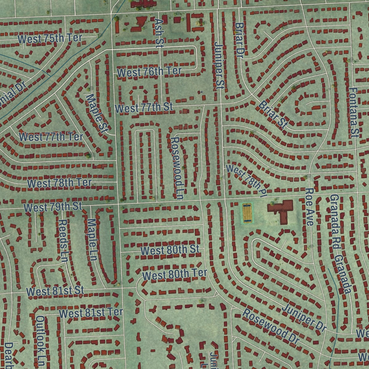 Close-up of the map of Prairie Village, Kansas print showing street and building detail
