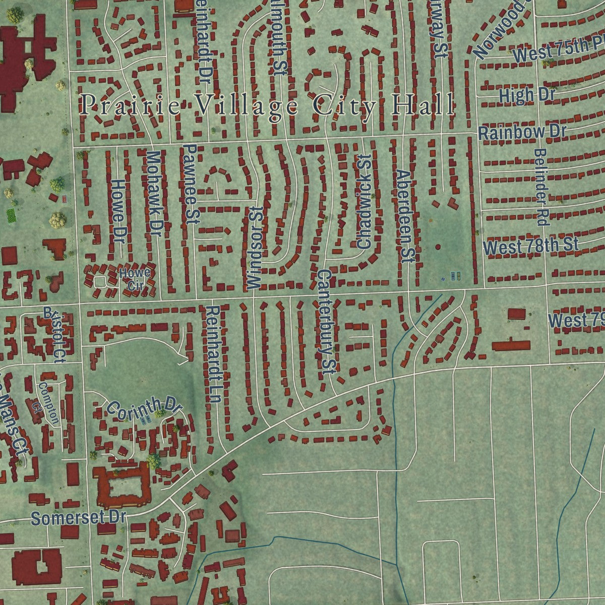 Second close-up of the map of Prairie Village, Kansas print showing more streets and buildings