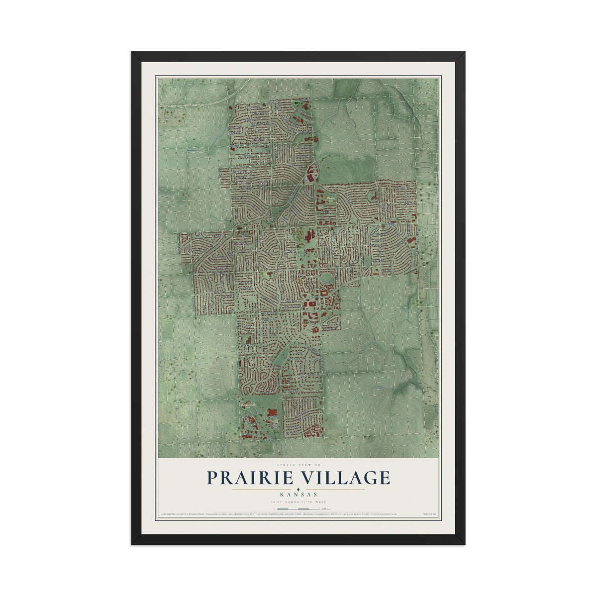 Map of Prairie Village, Kansas, 12 x 18 inch print in a black wood frame