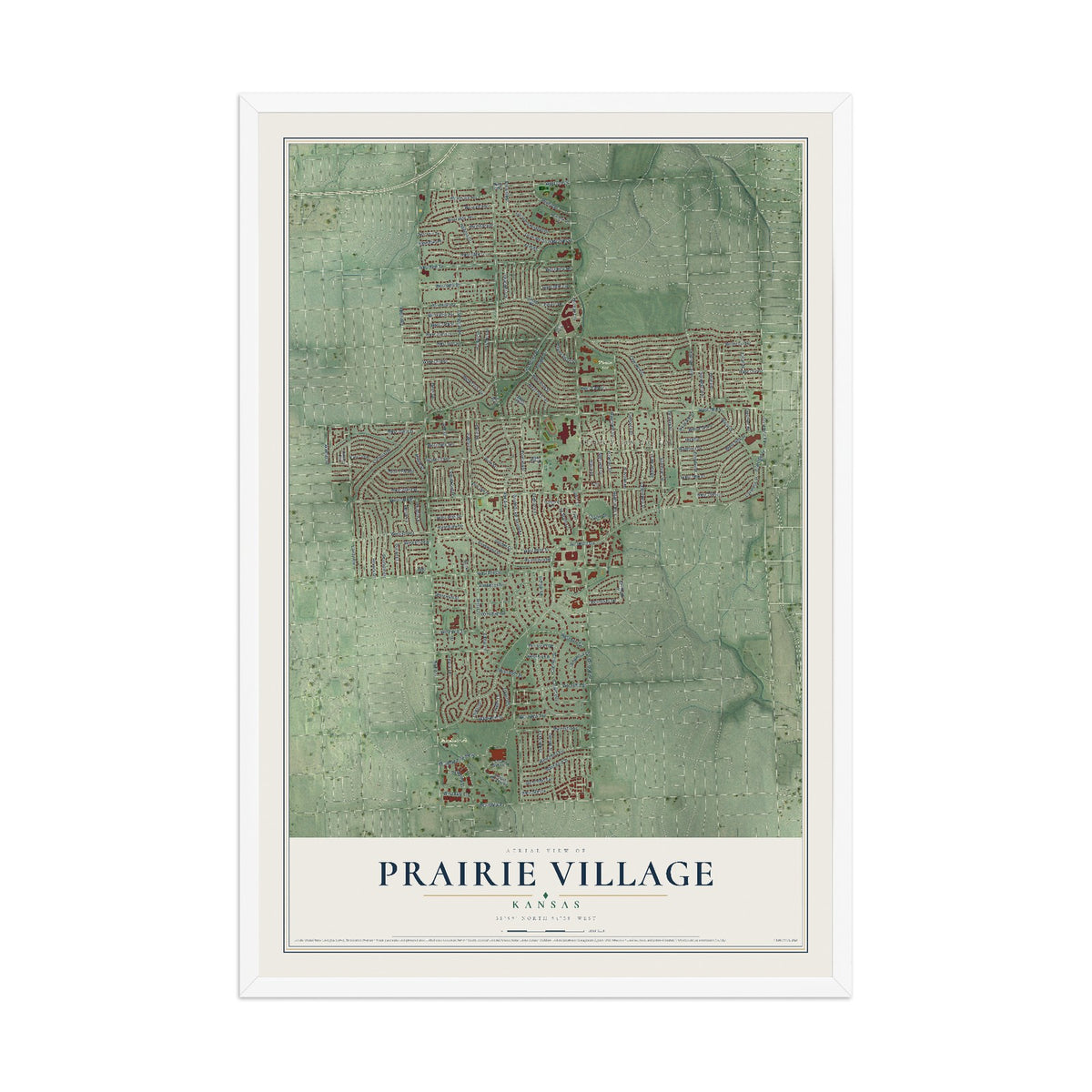 Map of Prairie Village, Kansas, 12 x 18 inch print in a white wood frame