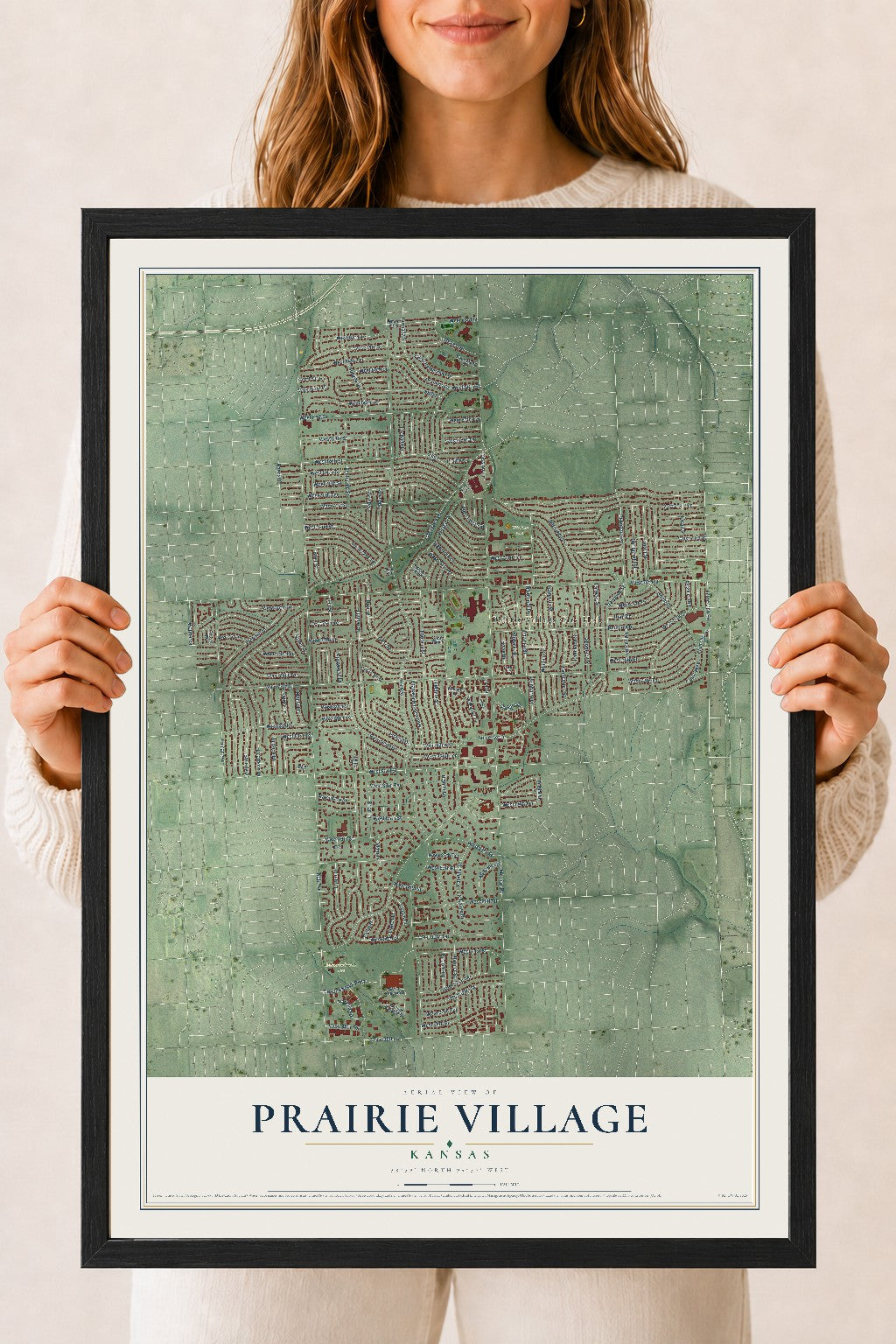 Map of Prairie Village, Kansas, 18 x 24 inch print in a black wood frame