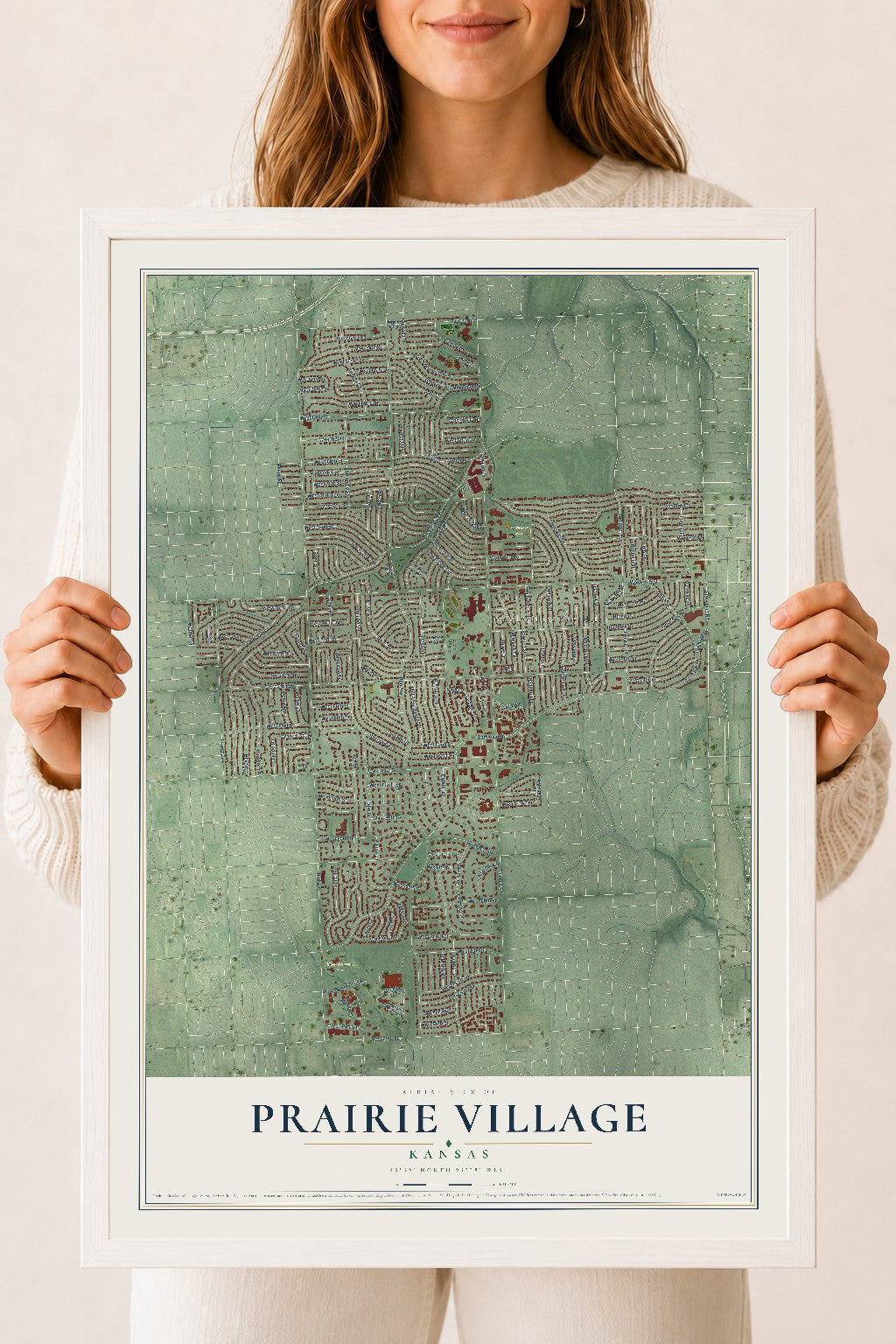 Map of Prairie Village, Kansas, 18 x 24 inch print in a white wood frame