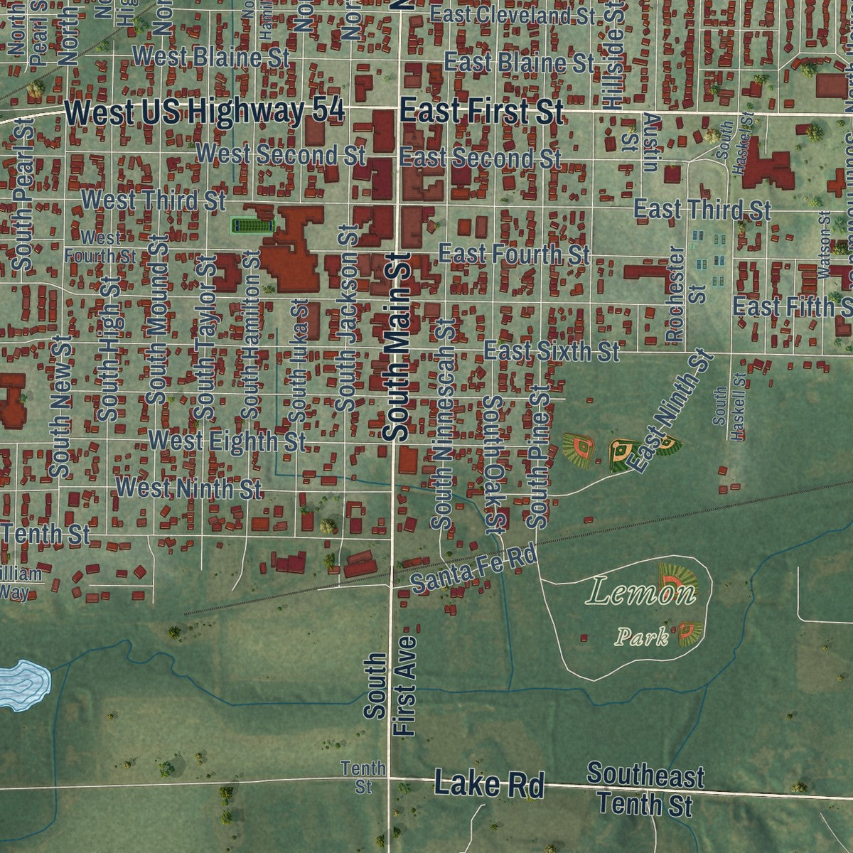 Close-up of the map of Pratt, Kansas print showing street and building detail