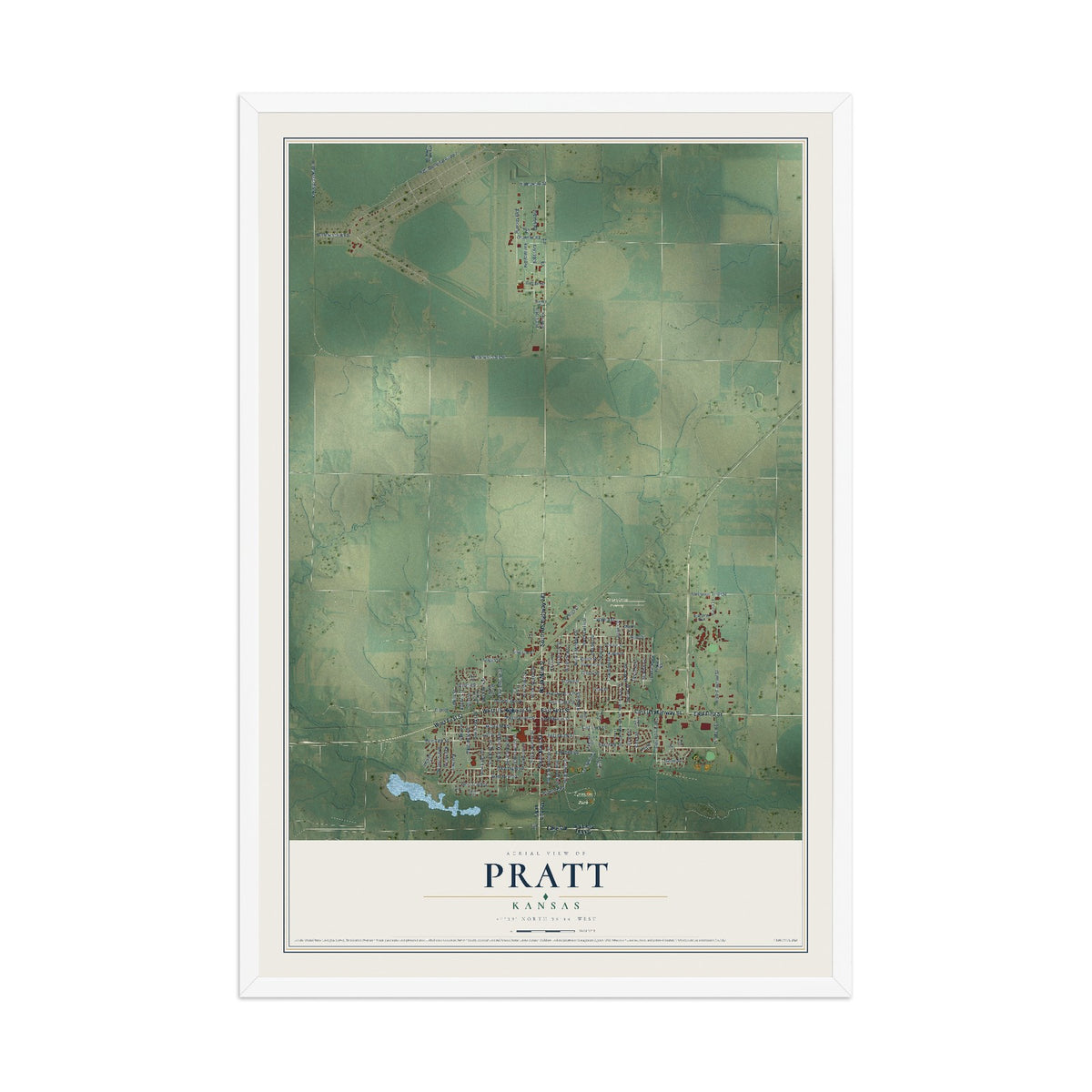 Map of Pratt, Kansas, 12 x 18 inch print in a white wood frame