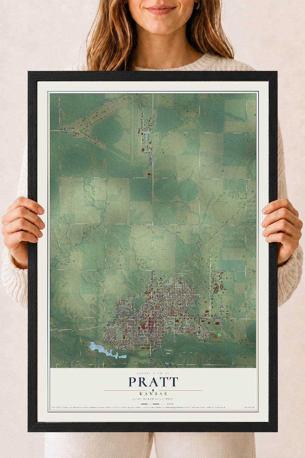 Map of Pratt, Kansas, 18 x 24 inch print in a black wood frame