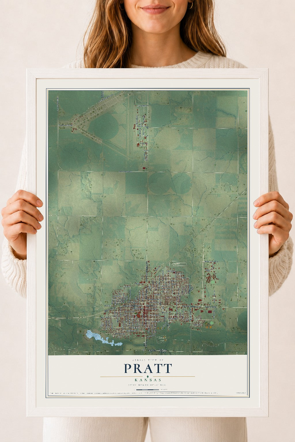 Map of Pratt, Kansas, 18 x 24 inch print in a white wood frame