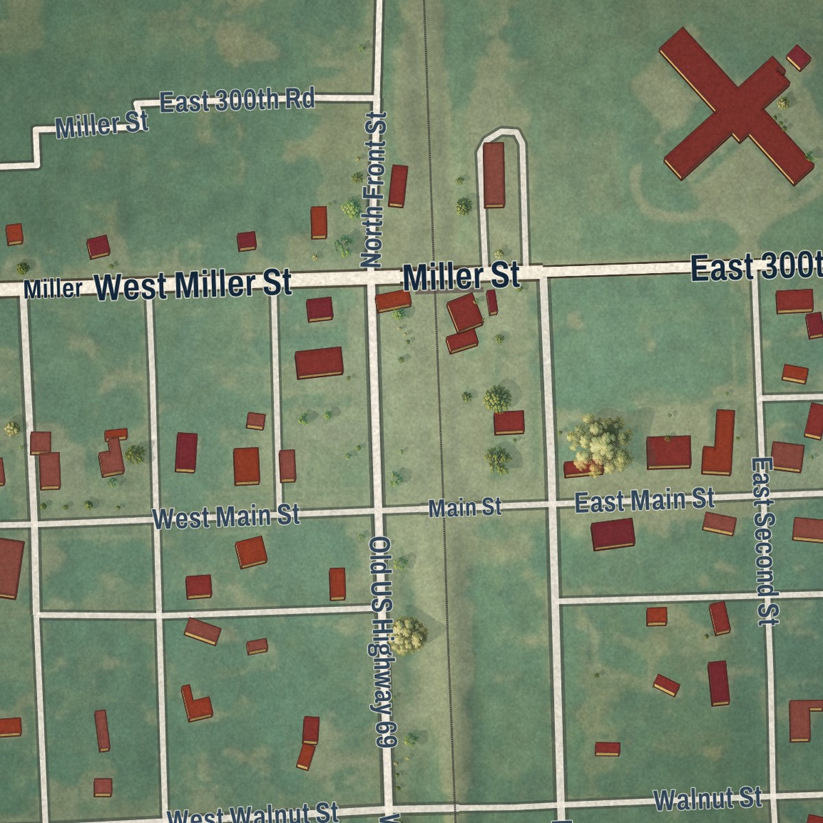 Close-up of the map of Prescott, Kansas print showing street and building detail