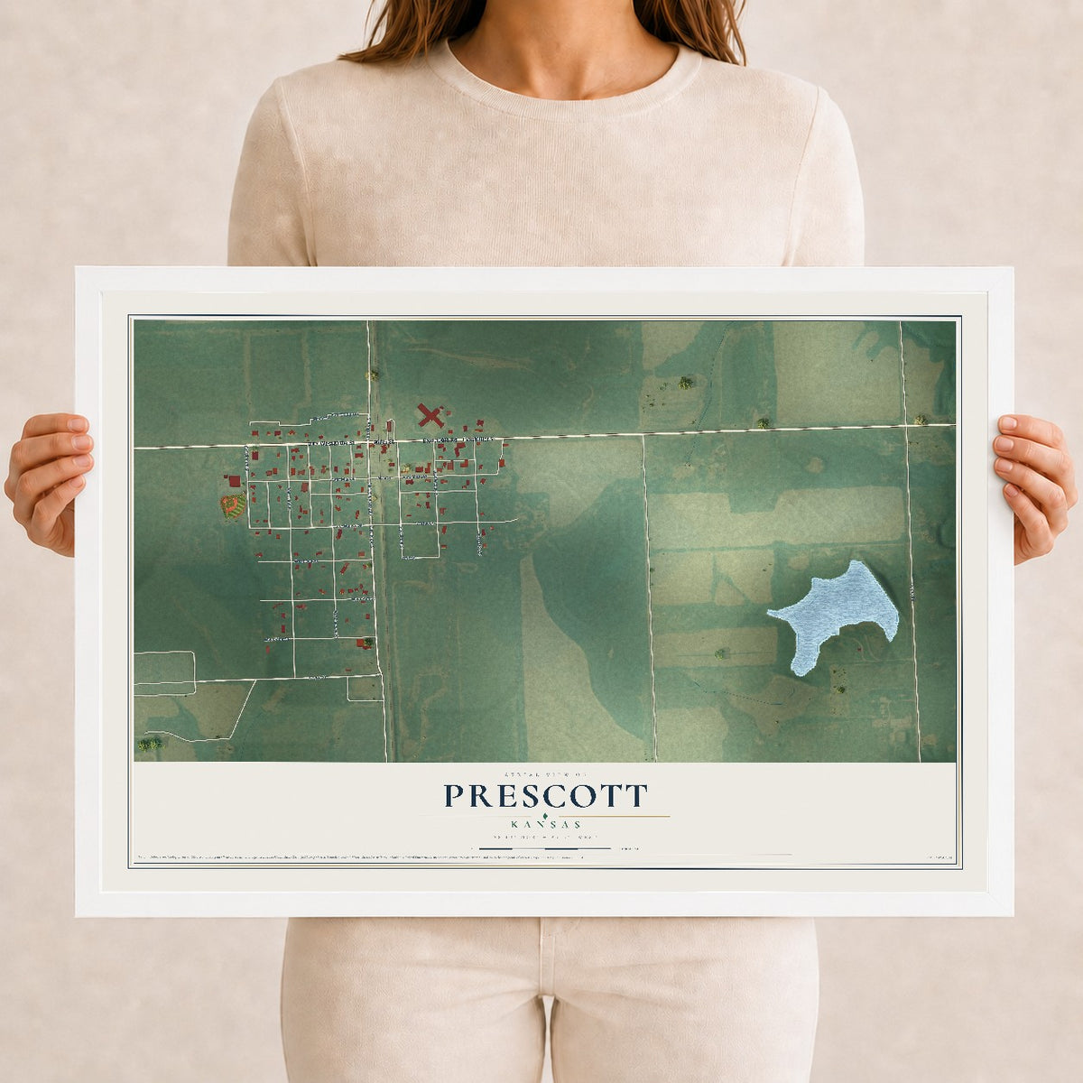 Map of Prescott, Kansas, 12 x 18 inch print in a white wood frame