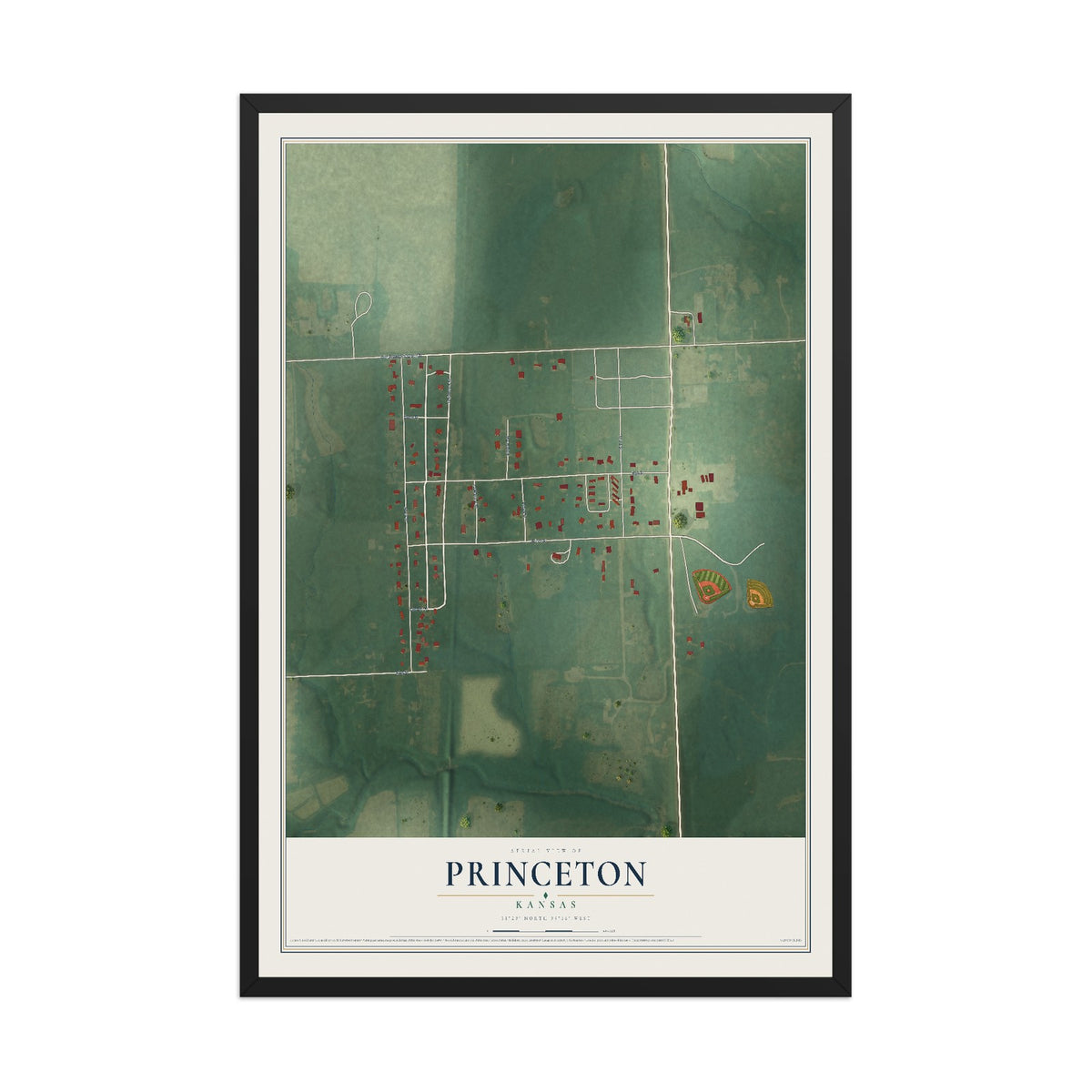 Map of Princeton, Kansas, 12 x 18 inch print in a black wood frame