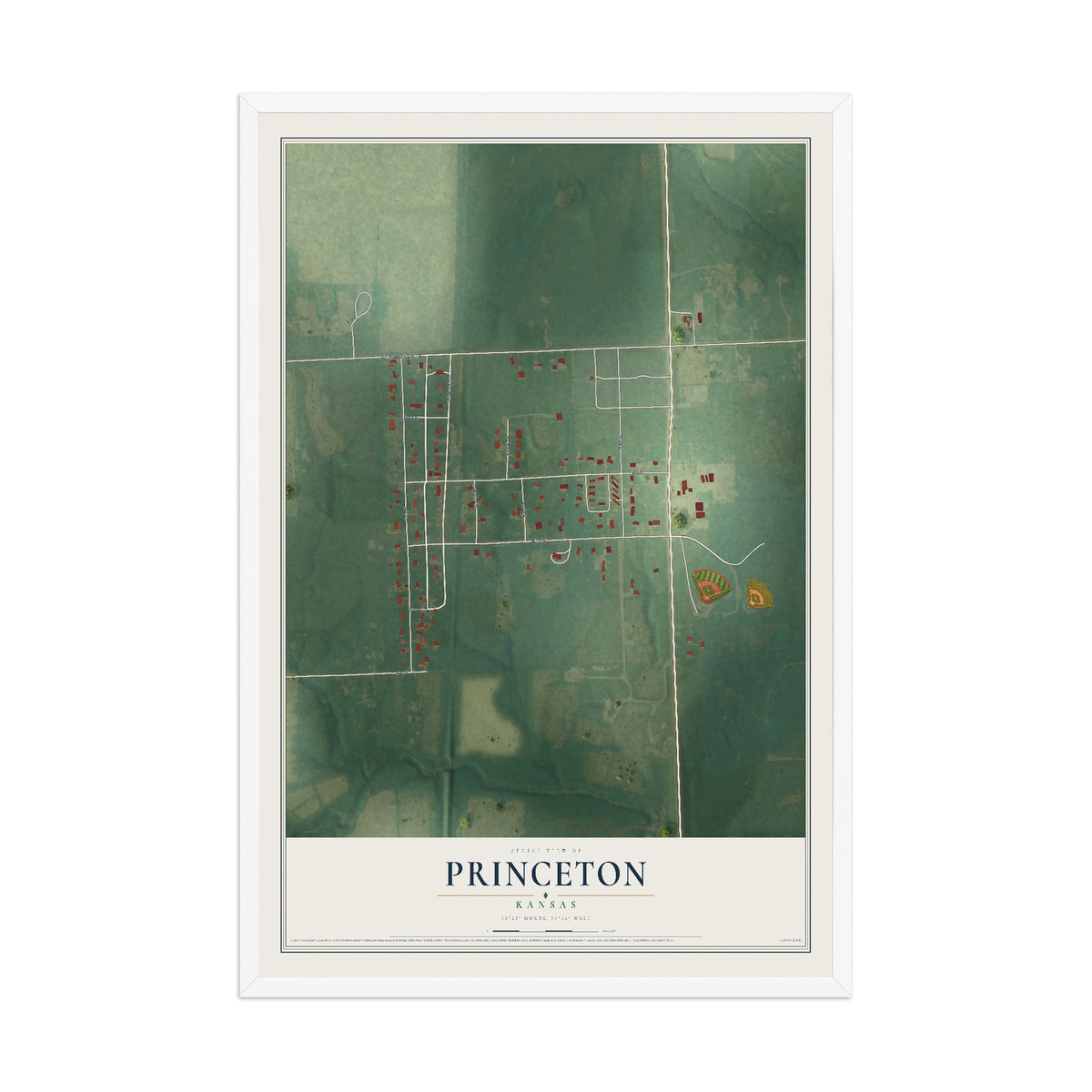 Map of Princeton, Kansas, 12 x 18 inch print in a white wood frame