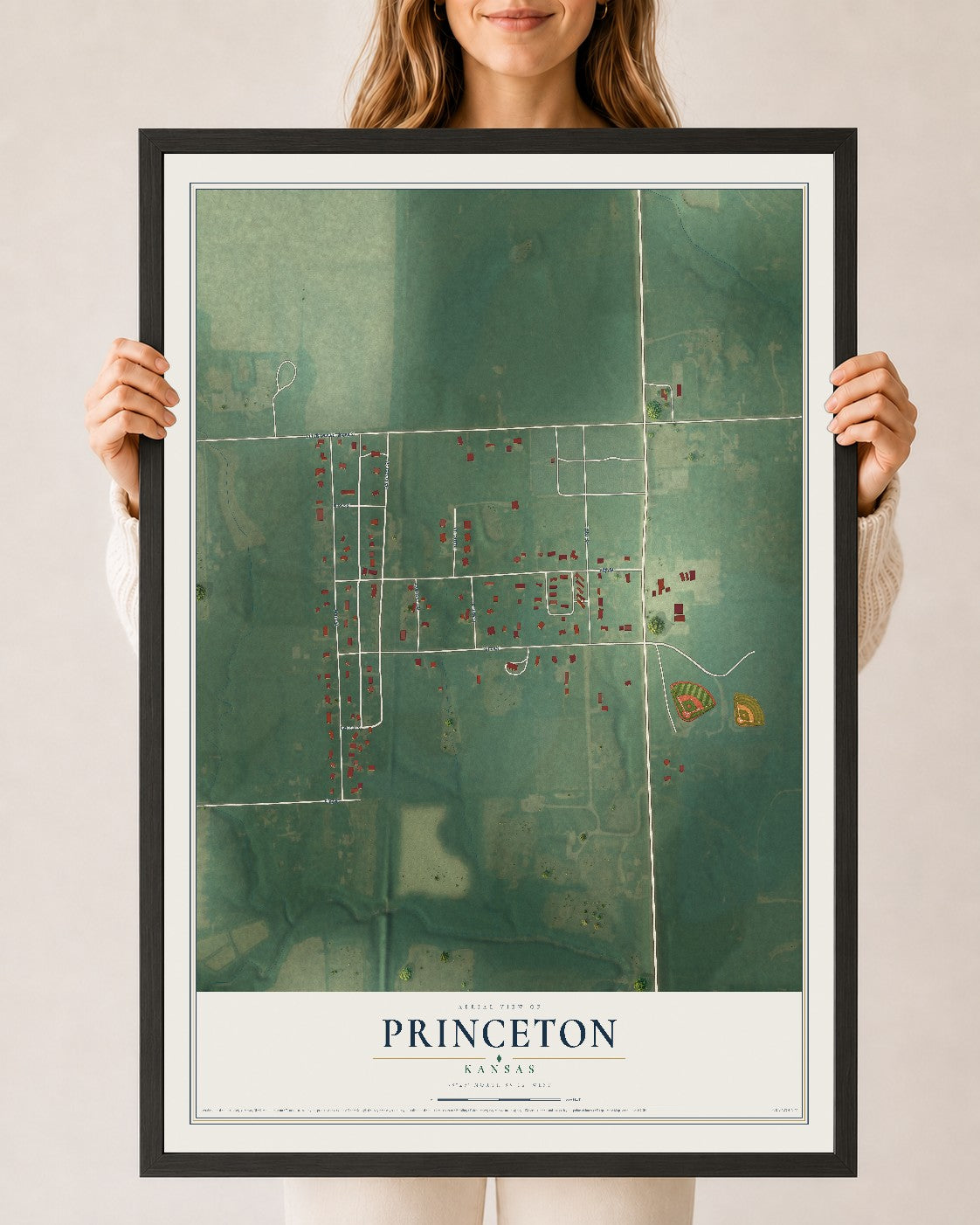 Map of Princeton, Kansas, 24 x 36 inch print in a black wood frame