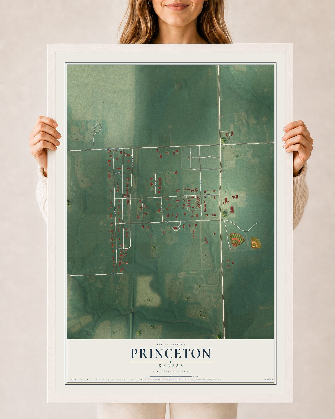 Map of Princeton, Kansas, 24 x 36 inch print in a white wood frame