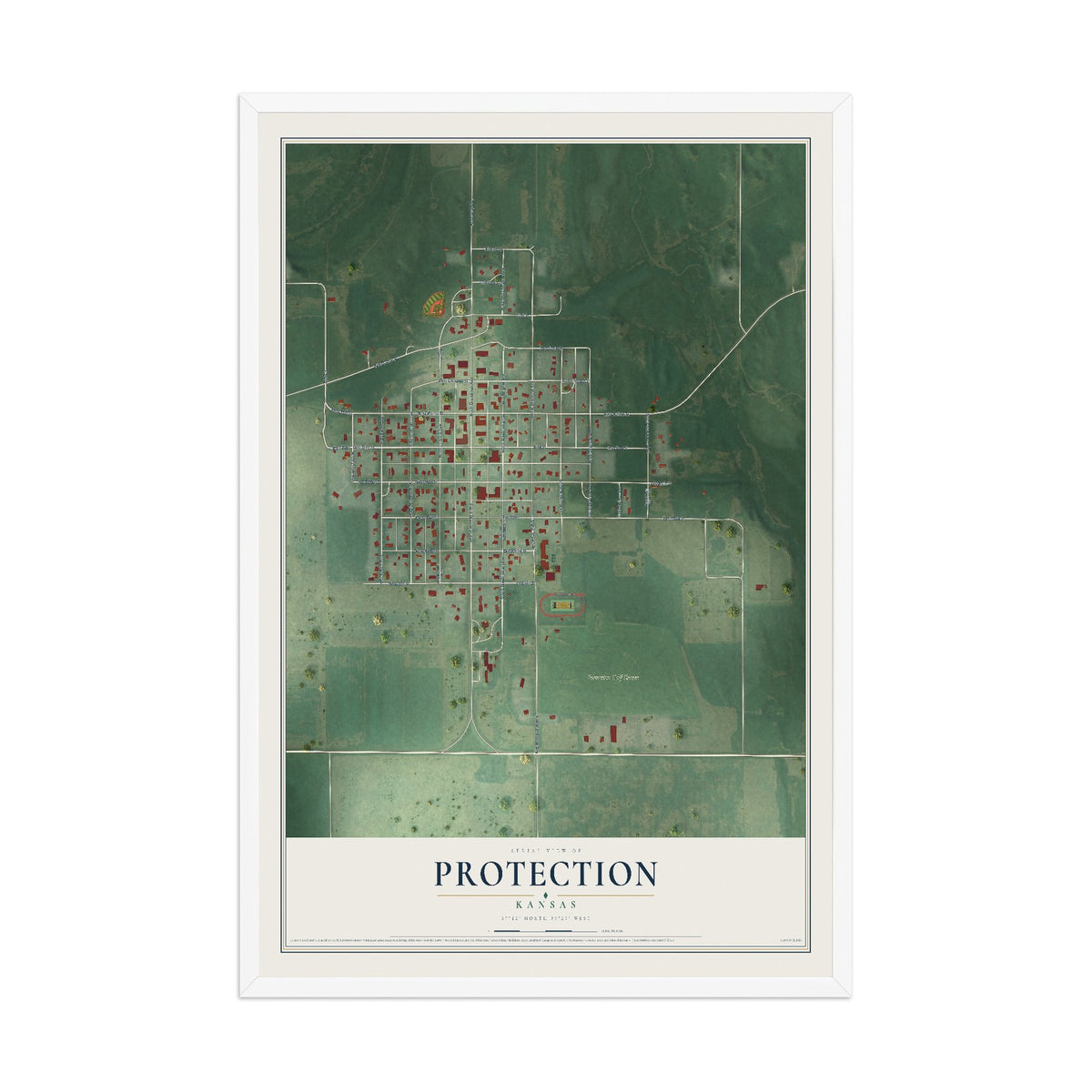 Map of Protection, Kansas, 12 x 18 inch print in a white wood frame
