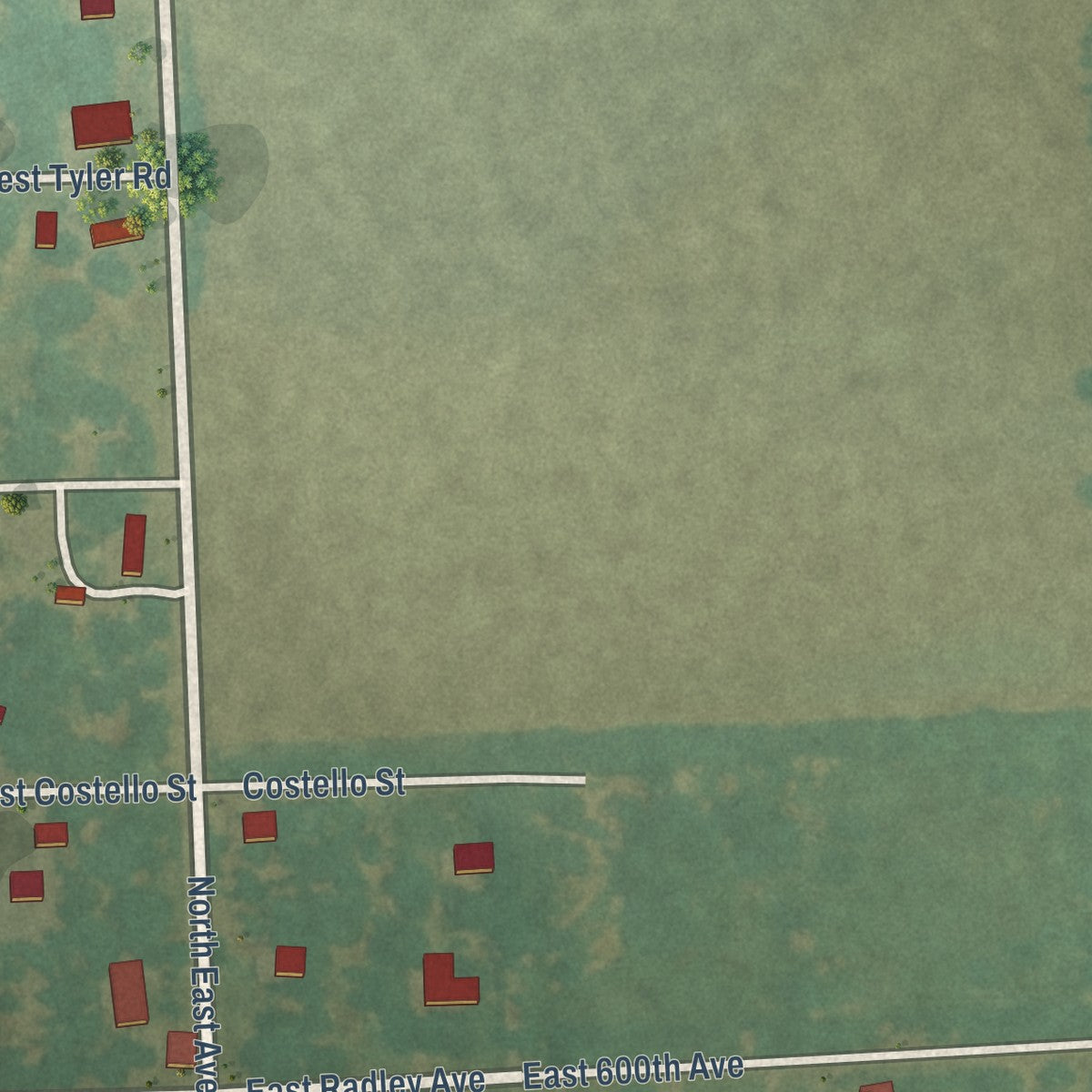 Close-up of the map of Radley, Kansas print showing street and building detail
