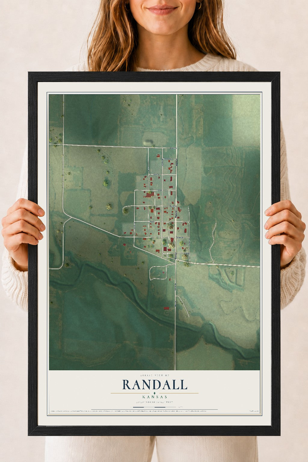 Map of Randall, Kansas, 18 x 24 inch print in a black wood frame
